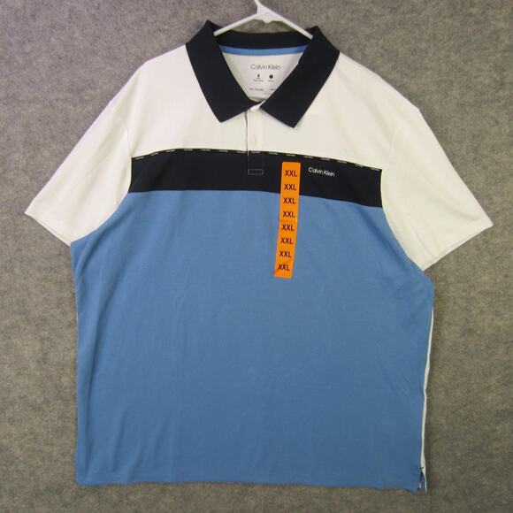 Calvin Klein Polo Shirt Mens 2XL White Blue Colorblock Quick Dry Wicking Casual - Picture 1 of 8